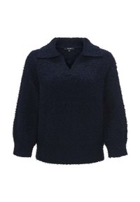 Pull en tricot bleu marine avec une finition texturée et duveteuse, doté d'un col à revers et de manches longues, coupe décontractée, sans fermetures visibles.