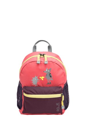 Zaino per bambini rosa e viola con dettagli grigi, caratterizzato da grafiche di animali sul davanti e una tasca laterale a rete. Materiale impermeabile.