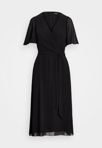 Svart omlottklänning med korta volangärmar, knytbälte vid midjan och en flödande kjol. Tillverkad av ett lätt tyg med en slät yta.