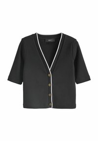 Black short-sleeve cardigan with a V-neck, featuring a white trim and five gold-tone buttons down the front. Smooth texture, casual design.