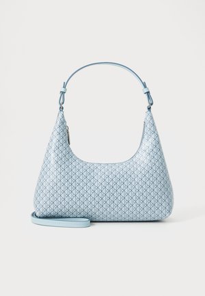 Light blue handbag with a smooth, textured finish, featuring a geometric pattern of small diamonds and a detachable strap for versatility.