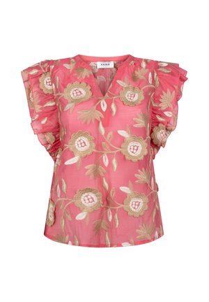 Blouse rose transparente avec broderie florale dorée, manches courtes volantées et encolure en V.
