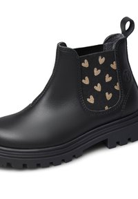 Bottines Chelsea en cuir noir avec panneaux latéraux élastiques ornés de motifs en forme de cœur dorés ; semelle en caoutchouc texturé pour une meilleure adhérence et durabilité.