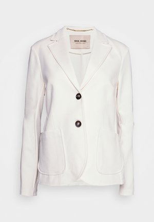 White blazer with a notched collar, two front pockets, and two dark buttons. Soft fabric texture and tailored fit. Label visible inside.