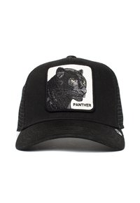 Crna traperica s mrežastim stranama, koja sadrži izvezenu grafiku pantera na bijeloj naljepnici s natpisom "PANTHER" ispod.