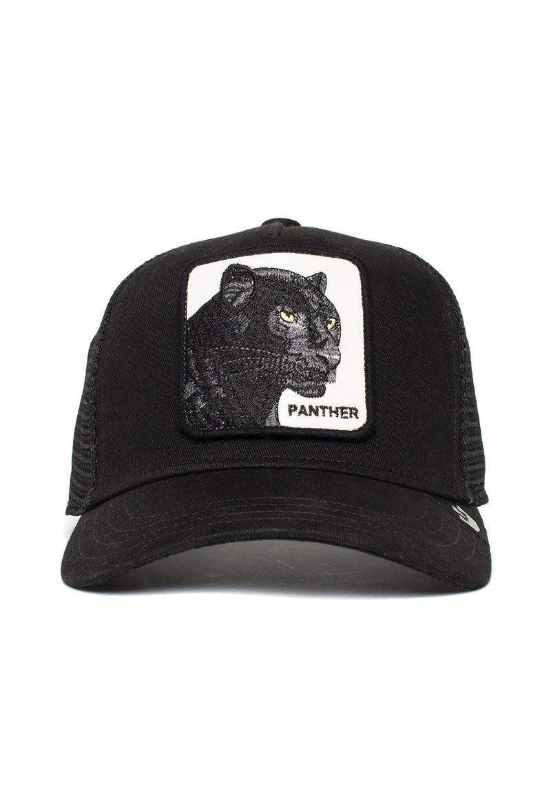 Crna traperica s mrežastim stranama, koja sadrži izvezenu grafiku pantera na bijeloj naljepnici s natpisom "PANTHER" ispod.