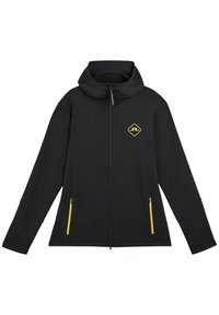 Giacca nera con zip e colletto alto, dettagli gialli sulla zip, tasche laterali e logo sul petto. Tessuto liscio e design aderente.