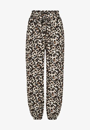 Hlače s leopardjim vzorcem, izdelane iz mehke tkanine, z elastiko v pasu, nastavljivo vrvico in manšetami v odtenkih črne, rjave in smetane.