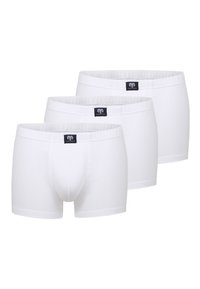 Dreierpack weiße Baumwollboxershorts mit einer enganliegenden Passform, elastischem Bund und einem kleinen Logostick auf der Vorderseite.