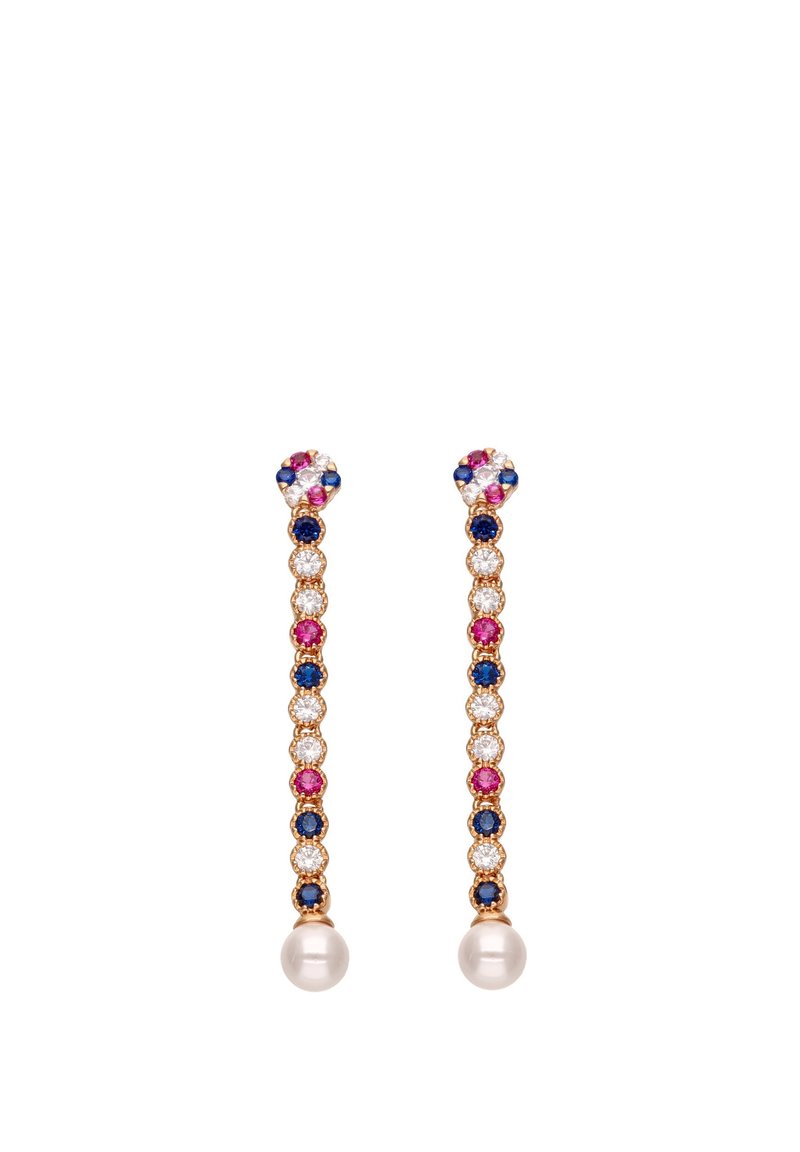 Pendientes en tono dorado con un diseño vertical que incluye piedras de colores (rosa, azul, transparente) y un detalle de perla en la parte inferior.