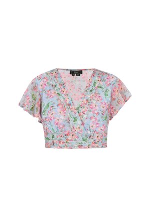 Bloemen crop top van lichtgewicht stof, met een v-hals, korte fladdermouwen en een pastelkleurenschema met roze en groene accenten.