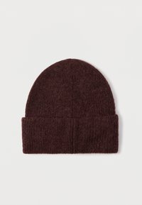Burgundy knit beanie with a soft wool texture, rounded top, and folded cuff, featuring a clean, seamless design and no visible hardware.