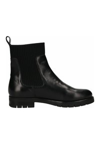Black leather ankle boot with ribbed black knit collar, rounded toe, and chunky rubber sole. Features a pull tab for easy wear.
