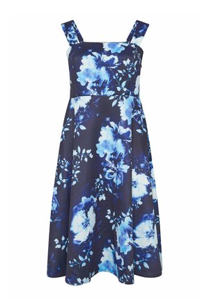 Ärmelloses, marineblaues Midikleid mit breiten Trägern und durchgehend hellblauem Blumenmuster.