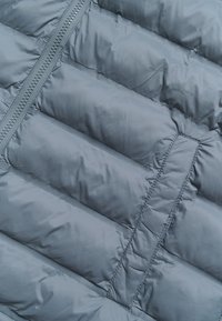 Veste rembourrée grise avec un design matelassé, présentant des sections cousues horizontalement et une texture de tissu lisse et brillante. Détails de fermeture éclair visibles.