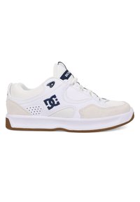 White athletic shoes with a mix of leather and suede, featuring a rubber sole, navy accents, perforated sides, and a lace-up design.