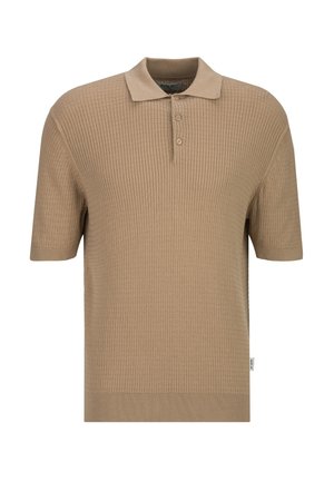 Beige polo met korte mouwen met een getextureerd ruitpatroon, een knoopsluiting met drie knopen en geribbelde zoom en manchetten.