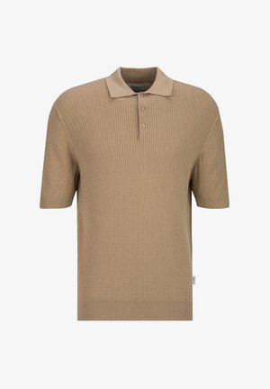 Beige polo met korte mouwen met een getextureerd ruitpatroon, een knoopsluiting met drie knopen en geribbelde zoom en manchetten.