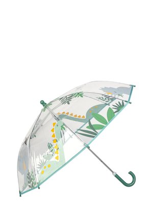 Clear umbrella with dinosaur and foliage patterns, green accents, and a curved handle. Made of plastic with a metal frame.