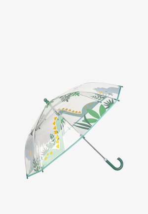 Clear umbrella with dinosaur and foliage patterns, green accents, and a curved handle. Made of plastic with a metal frame.