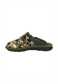 Green and black slipper featuring a floral design with swirling patterns, made of felt material and equipped with a textured black sole.
