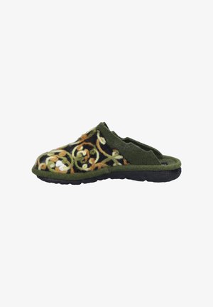 Green and black slipper featuring a floral design with swirling patterns, made of felt material and equipped with a textured black sole.