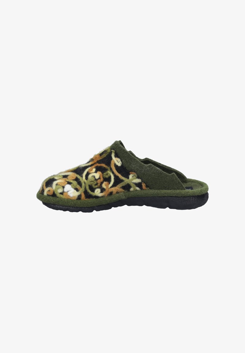 Green and black slipper featuring a floral design with swirling patterns, made of felt material and equipped with a textured black sole.
