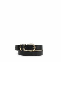 Cintura in pelle verniciata nera con fibbia e dettagli in metallo dorato, caratterizzata da una texture liscia e lucida e da un design classico.