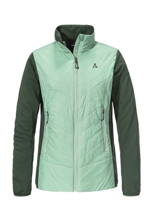 Helle mintgrüne Jacke mit gepolstertem Vorderteil, grünen Ärmeln, Reißverschlusstaschen, hohem Kragen und Chevron-Steppdetails.