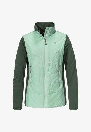 Helle mintgrüne Jacke mit gepolstertem Vorderteil, grünen Ärmeln, Reißverschlusstaschen, hohem Kragen und Chevron-Steppdetails.