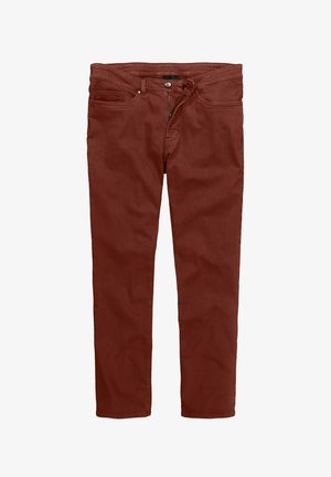 Rode denim broek met een slim fit, met een knoopsluiting, ritssluiting en standaard zakken. Gladde textuur met subtiele stikdetails.