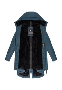 Plava vodootporna jakna s crnim flis podstavom, s kapuljačom, patentnim zatvaračem i dekorativnom oznakom. Dugi rukavi s elastičnim manžetama.