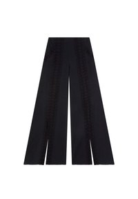 Zwarte wijde broek met verfijnde borduursels langs de zijkanten en een gladde textuur. Twee zakken zijn in het ontwerp geïntegreerd.
