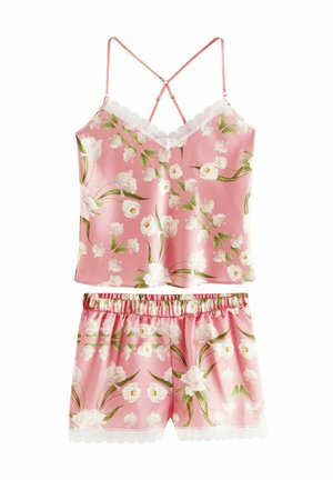 Floral pajama set featuring a pink, satin tank top with adjustable straps and lace trim, paired with matching shorts with an elastic waistband.