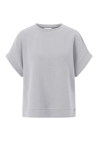 Hellgrau, kurzärmliger, kastiger Sweatshirt mit rundem Halsausschnitt und umgeschlagenen Ärmeln. Weiche Textur mit lässiger Passform.