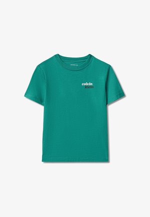 T-shirt verde petrolio a maniche corte con scollo rotondo e piccolo logo bianco e nero "calvin klein" sul petto sinistro.