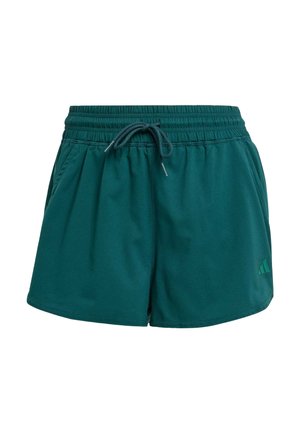 Dark green athletic shorts with a drawstring waistband, side pockets, and a subtle logo on the lower left leg. Smooth texture, casual design.