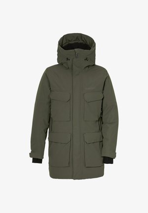 Giacca parka verde scuro, con esterno impermeabile, molteplici tasche frontali, cappuccio regolabile e polsini elastici per l'isolamento.
