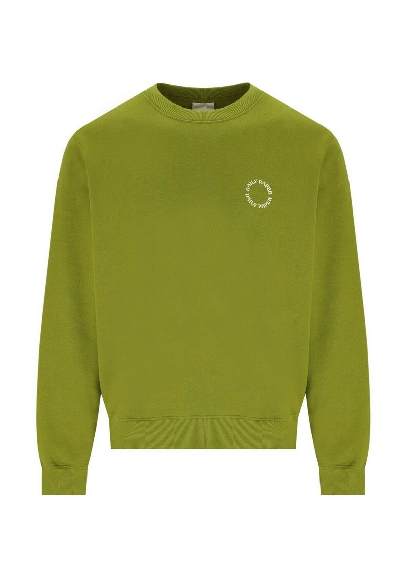 Olivenfarbener Sweatshirt mit Rundhalsausschnitt und gerippten Bündchen, mit dem auf der linken Brust eingestickten Logo "DAILY PAPER". Weicher Stoff.