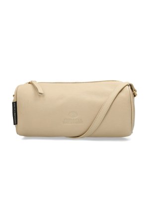 Bolso bandolera de cuero beige con forma cilíndrica, con cierre de cremallera y un sutil logotipo en relieve. Incluye una correa delgada ajustable.