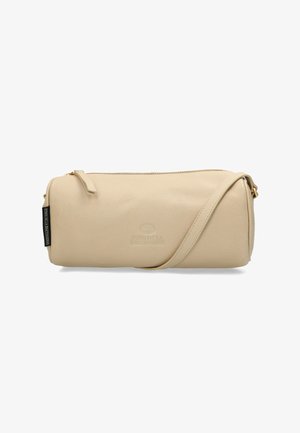Sac bandoulière en cuir beige de forme cylindrique, doté d'une fermeture éclair et d'un logo embossé discret. Comprend une lanière fine et réglable.