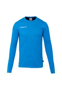 T-shirt de sport à manches longues de couleur bleu vif, fabriqué en tissu lisse avec un motif géométrique subtil et un col rond. Présente un logo sur la poitrine.