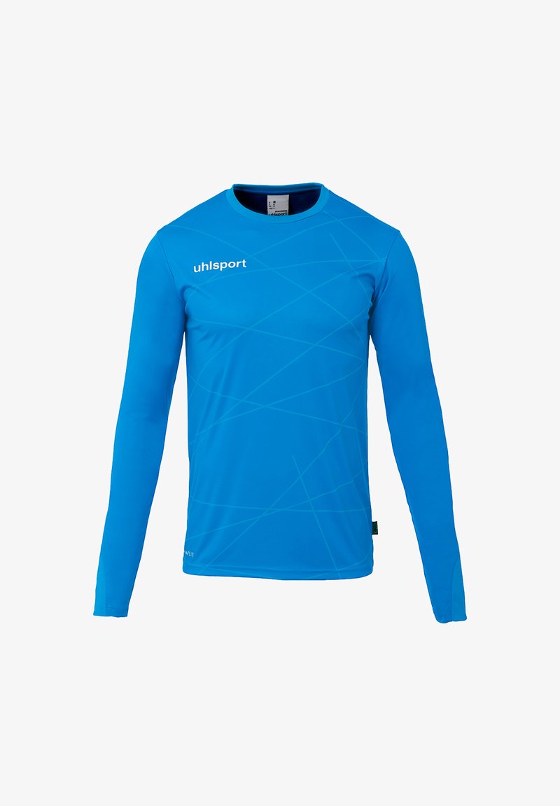 Langärmliges Sportshirt in leuchtendem Blau, aus glattem Stoff mit einem dezenten geometrischen Muster und Rundhalsausschnitt. Mit Branding auf der Brust.