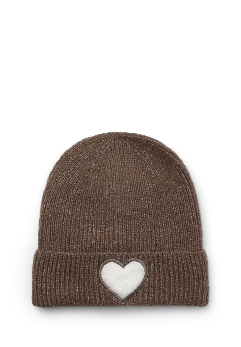 Berretto lavorato a maglia marrone con risvolto, dotato di una patch a forma di cuore bianco sulla parte anteriore. Realizzato in filato morbido e testurizzato.