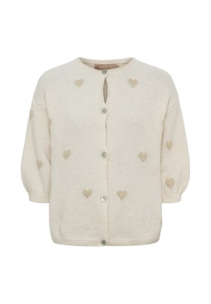 Kort ærmet strikket cardigan med rund halsudskæring, knapper foran og små guldhjerter spredt ud over stoffet.