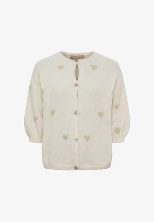 Kort ærmet strikket cardigan med rund halsudskæring, knapper foran og små guldhjerter spredt ud over stoffet.