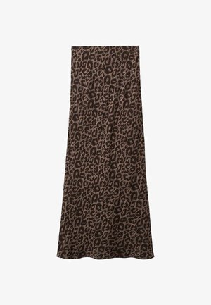 Brun leopardmönstrad kjol gjord av mjuk textil. Har en svävande, rak passform med en slät yta och utan synlig hårdvara eller detaljer.