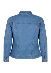 Jeansjacka, ljusblå färg, klassisk krage, långa ärmar, ryggdetalj med yoke, sömnadsdetaljer, tryckknapp på ärmarna.