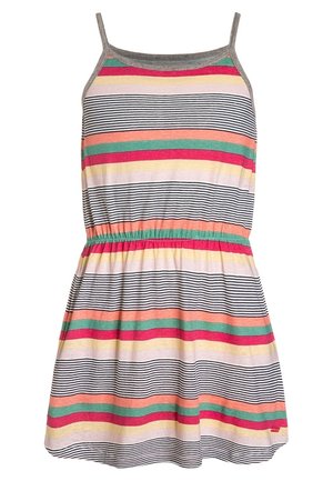 Vestido casual sin mangas con tirantes finos, cintura elástica y rayas horizontales en negro, rosa, verde, naranja, amarillo y beige.