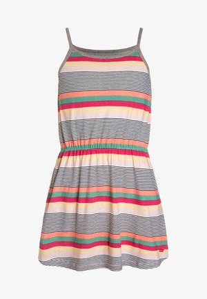 Ærmeløs hverdagskjole med tynde stropper, elastisk talje og vandrette striber i sort, pink, grøn, orange, gul og beige.